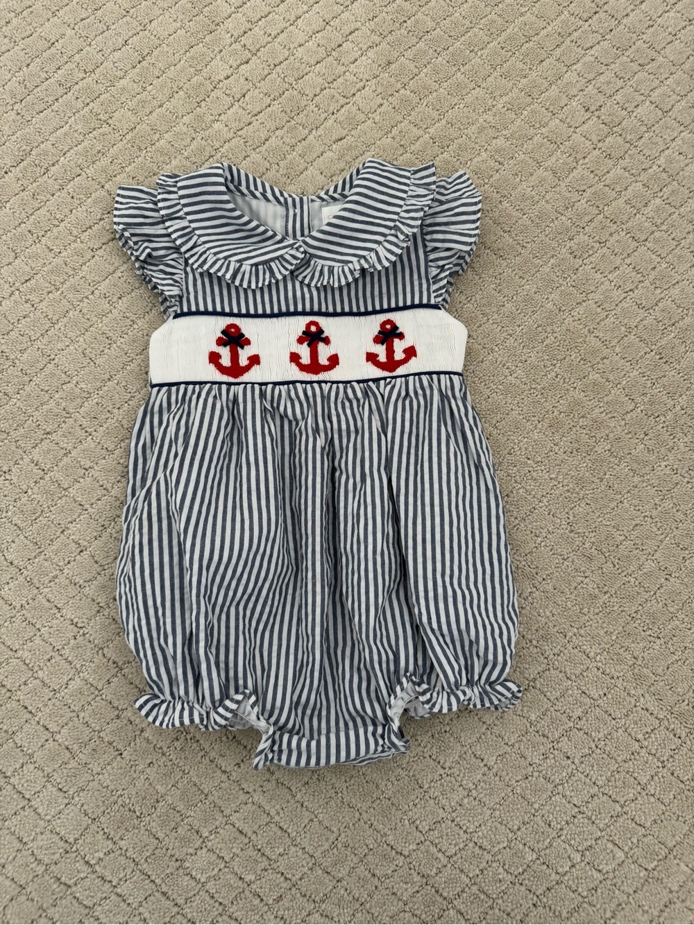 Cecil & Lou Striped Navy Bubble Romper with Red Anchor Smocking